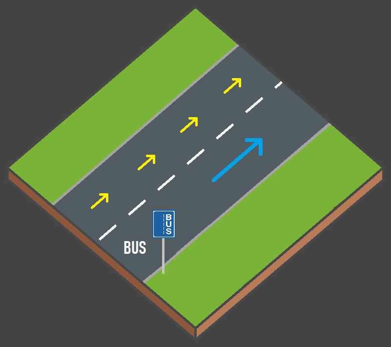 Un bus circule sur une voie de bus avec trafic dense sur la voie de gauche