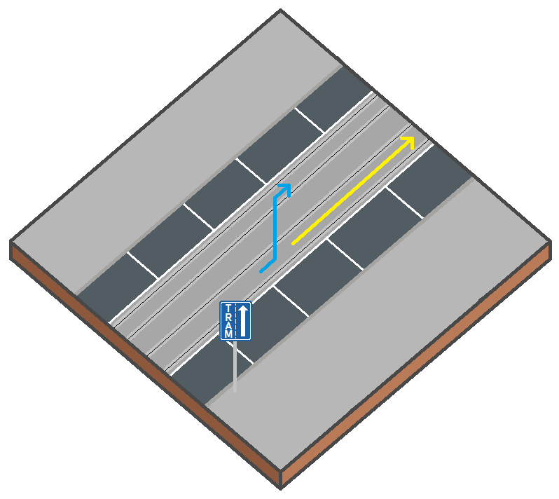 Modèle en bloc d'une rue à sens unique avec tram où la droite est impossible