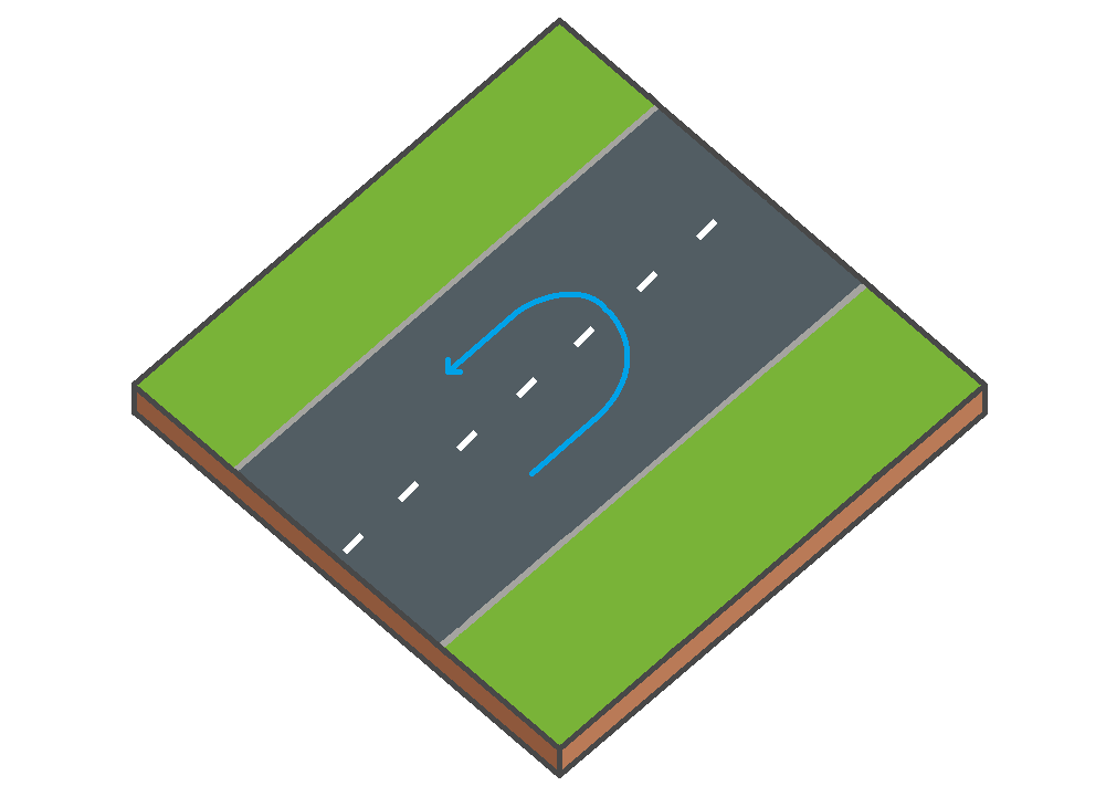 Schéma d'une voiture effectuant un demi-tour sur la chaussée – manœuvre