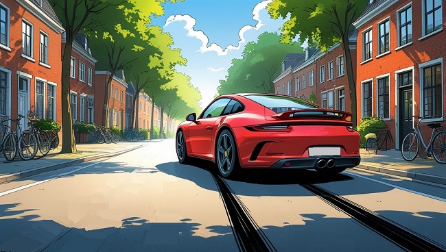 Une voiture qui a freiné brusquement avec des traces de pneus sur la route.