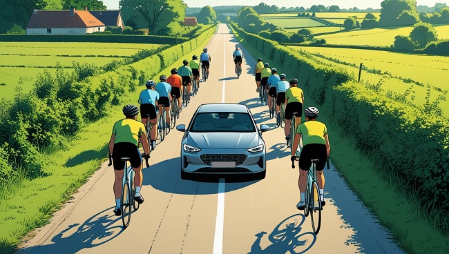 Une voiture traverse un groupe de cyclistes