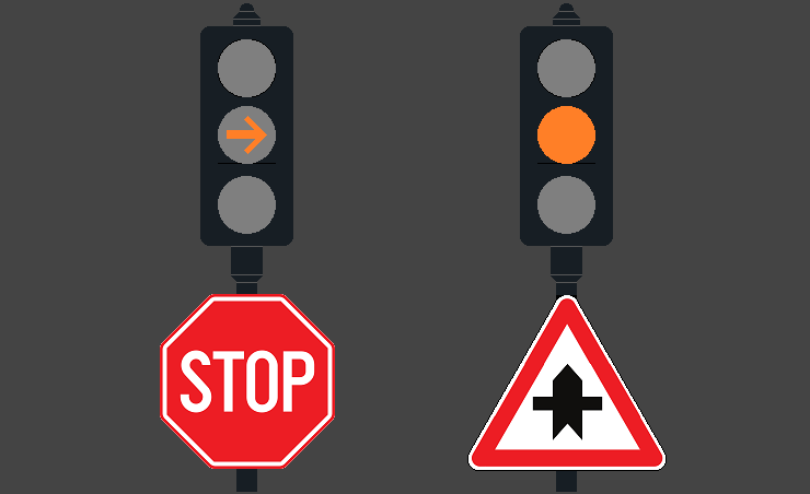 Feu orange clignotant combiné avec panneau de priorité