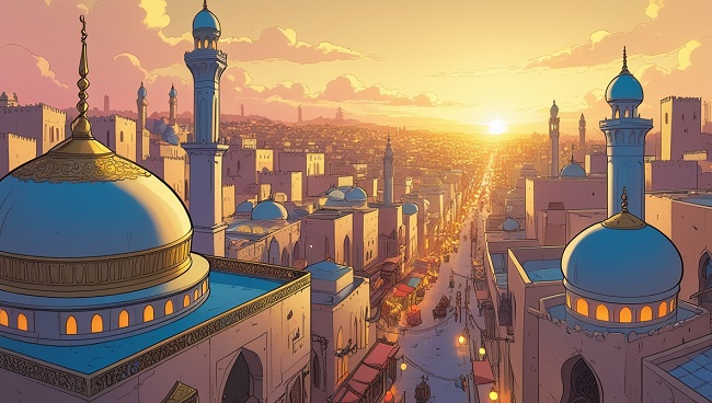 Vue sur la ville au coucher du soleil