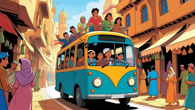 Une camionnette remplie de passagers roule en ville