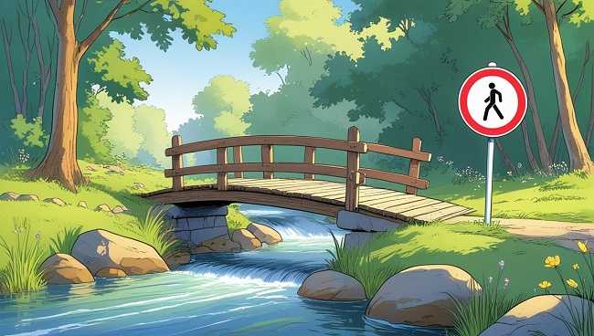 Un petit pont avec un panneau interdit aux piétons