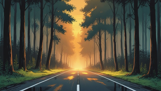 Een straat in het bos met zonsondergang